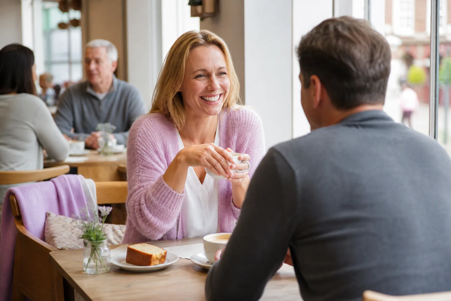 Two people chatting over coffee in Lincolnshire