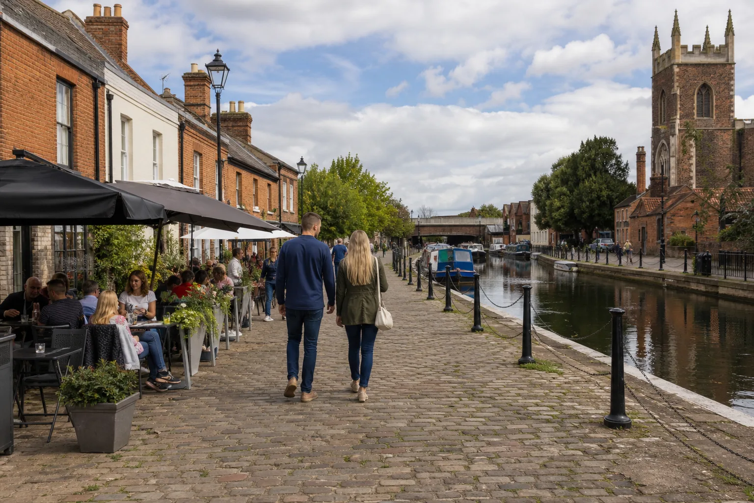 Couple walking beside the River Witham in Boston, Lincolnshire