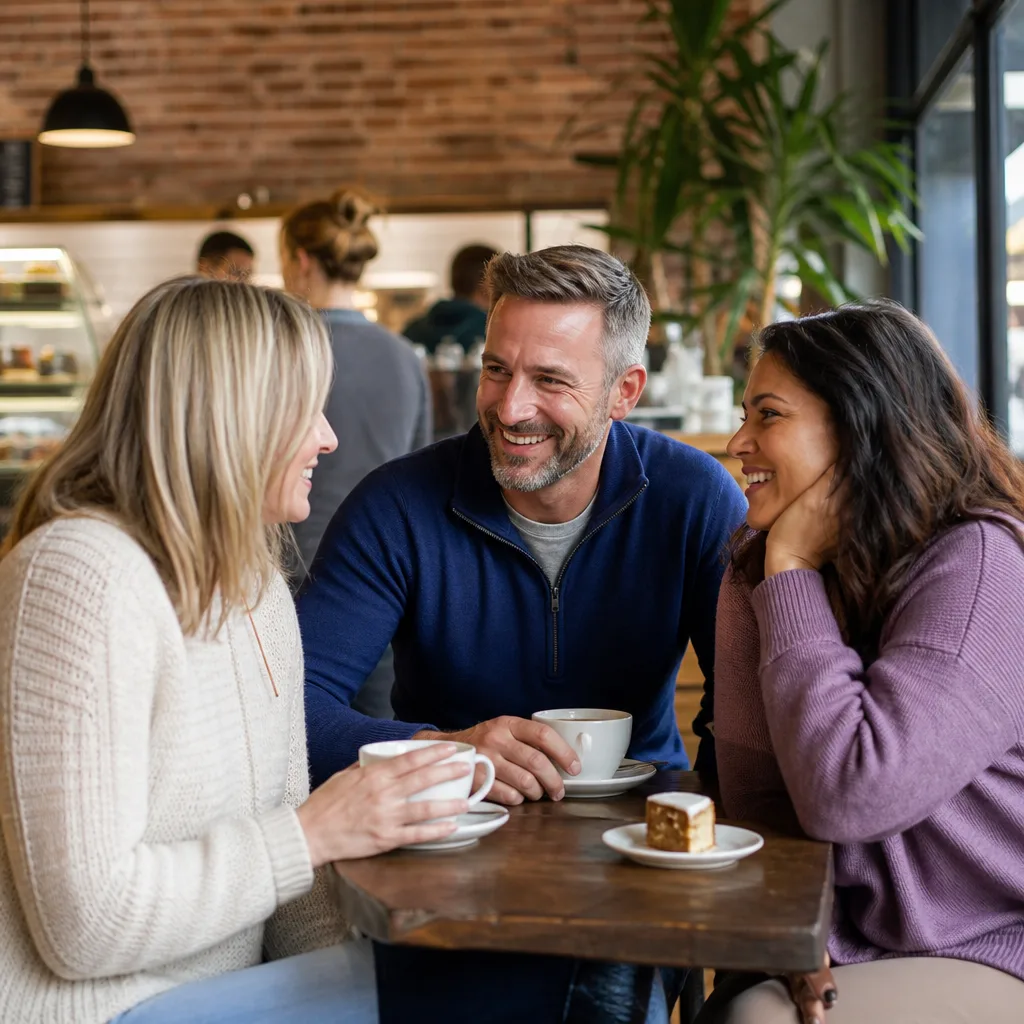 Two adults meeting in a busy café in Stamford